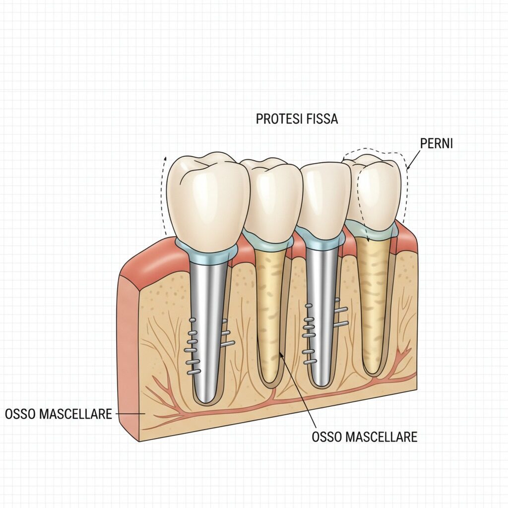 Un'illustrazione medica mostra una sezione dell'osso mascellare con quattro impianti dentali inseriti, etichettati come protesi fissa e perni.