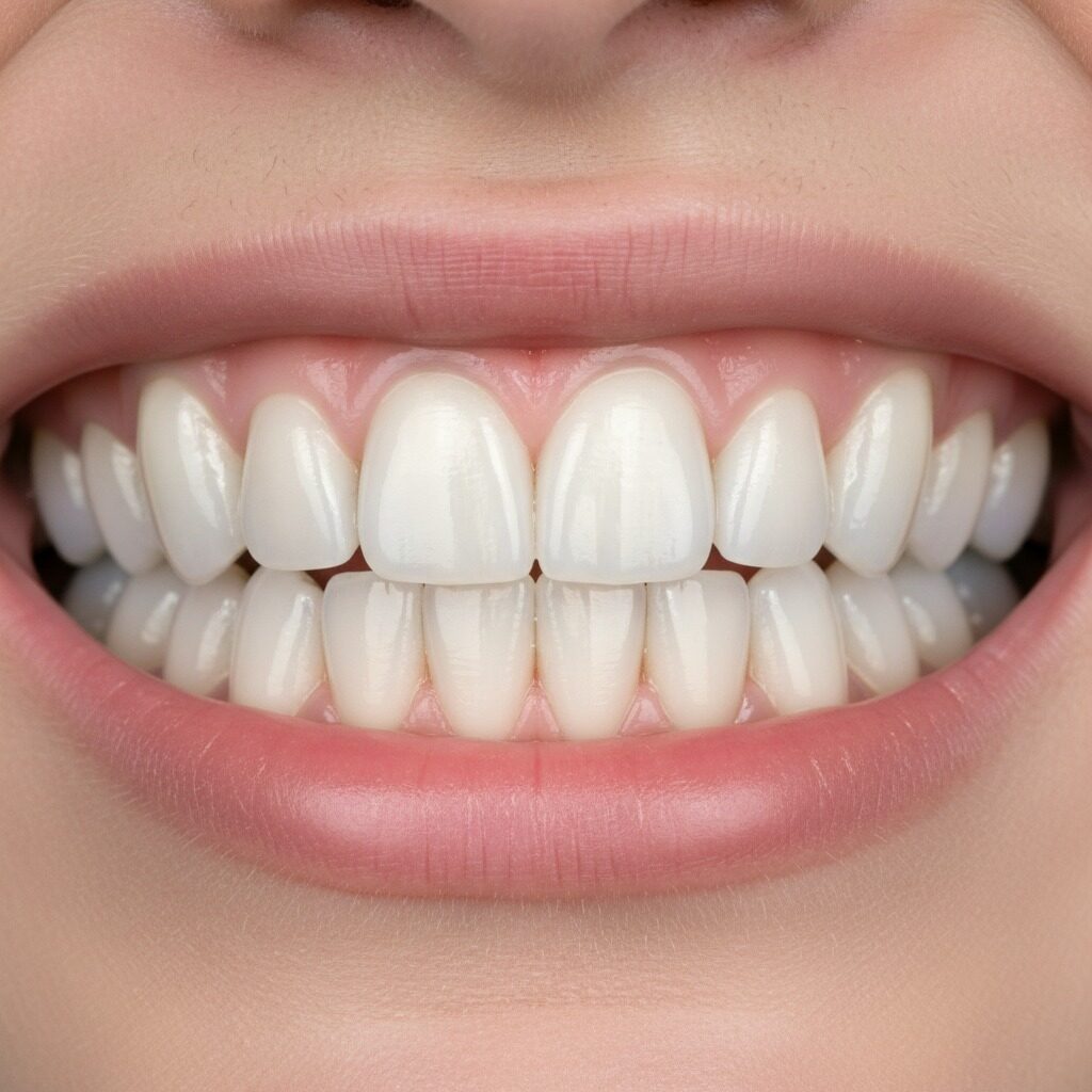 Primo piano di un sorriso perfetto con denti bianchi e allineati.