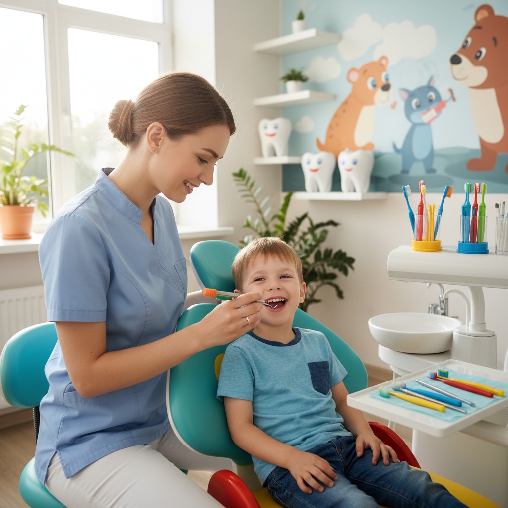 Un dentista sorridente visita un bambino seduto sulla poltrona dello studio dentistico.