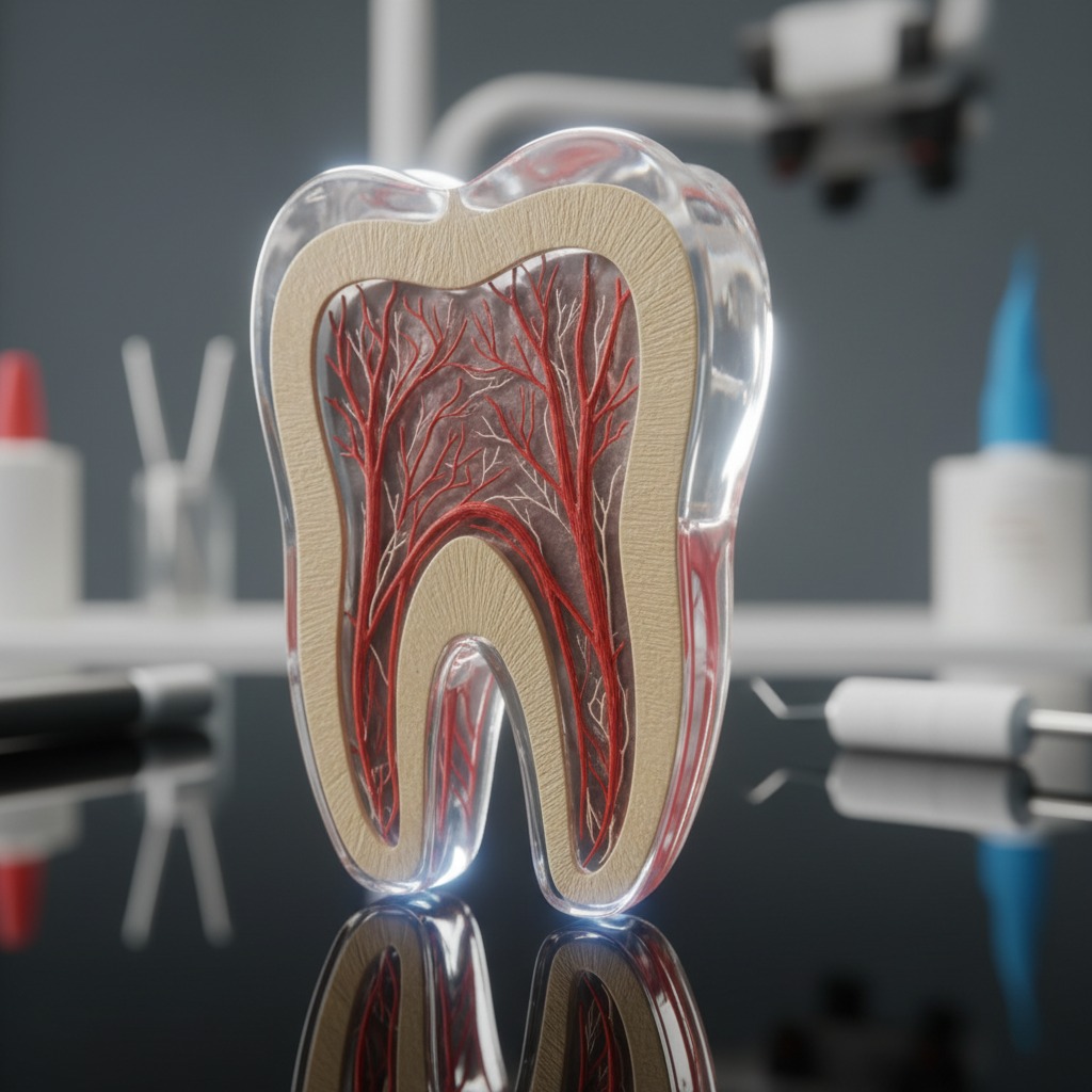 Un modello anatomico trasparente di un dente con vasi sanguigni rossi in evidenza all'interno.