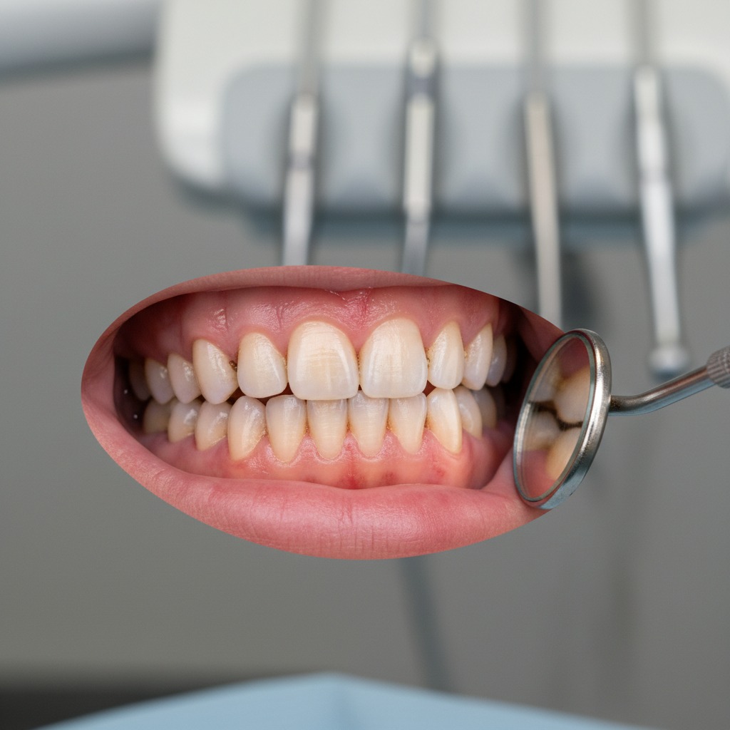 Un dentista esamina la bocca di un paziente con uno specchietto odontoiatrico.