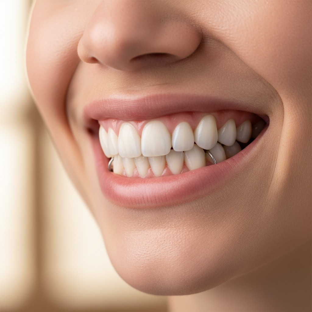 Primo piano del sorriso di una persona che mostra denti bianchi e curati con un apparecchio ortodontico mobile.