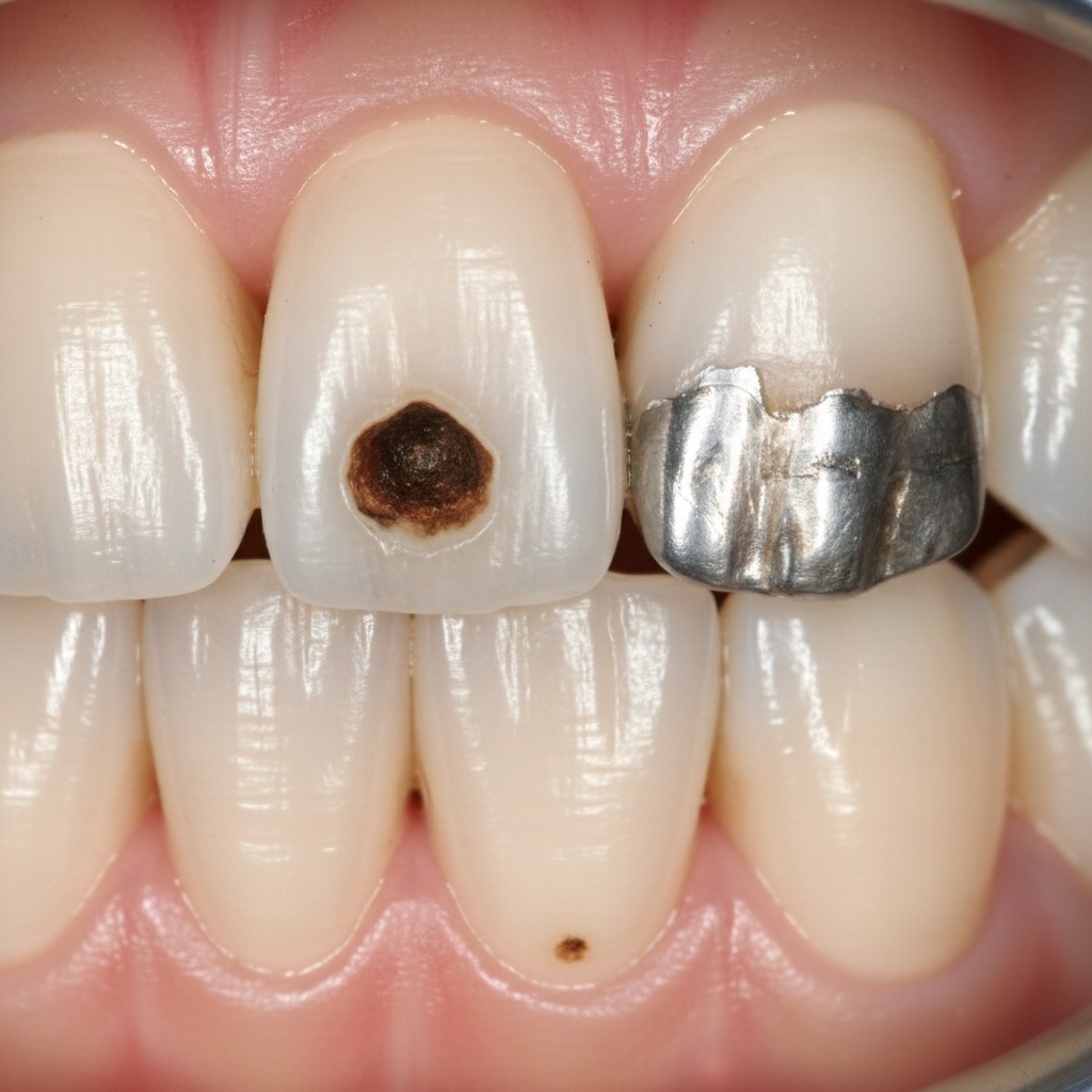 Primo piano dei denti superiori e inferiori, che mostra una carie scura su un incisivo e un'ottotatura in metallo su un dente vicino.
