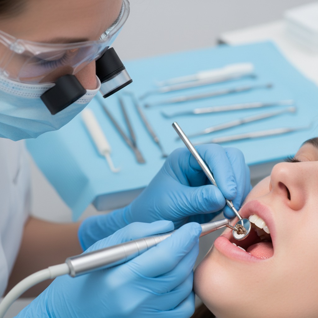 Un dentista con mascherina e occhiali di protezione esamina i denti di una paziente con uno specchietto e un manipolo odontoiatrico.