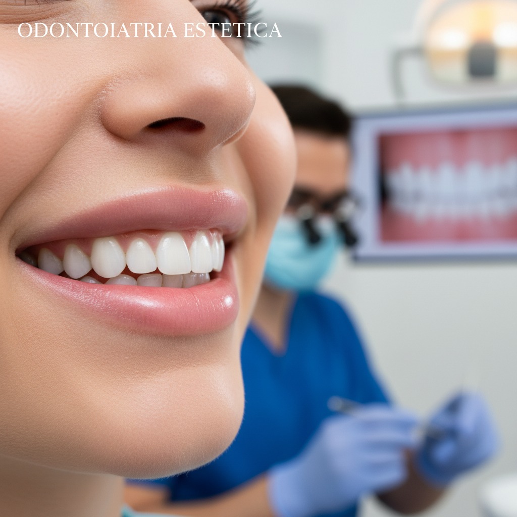 Primo piano del sorriso luminoso di una donna con denti bianchi e perfetti, mentre in secondo piano un dentista lavora nello studio.