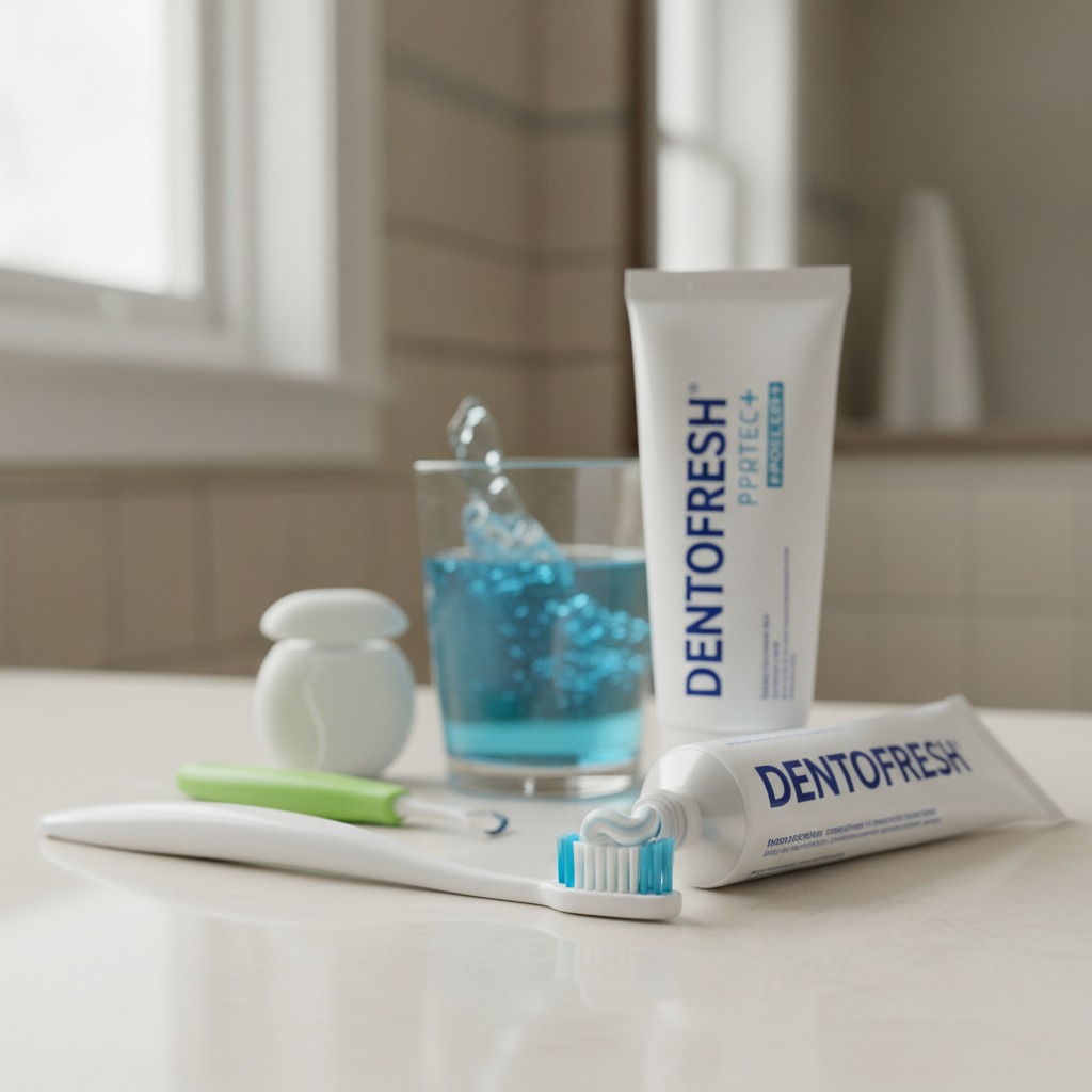 Un set di prodotti per l'igiene orale Dentofresh, composto da un tubetto di dentifricio con pasta erogata sullo spazzolino, un secondo tubetto in piedi, un bicchiere con collutorio e un filo interdentale su una superficie bianca.