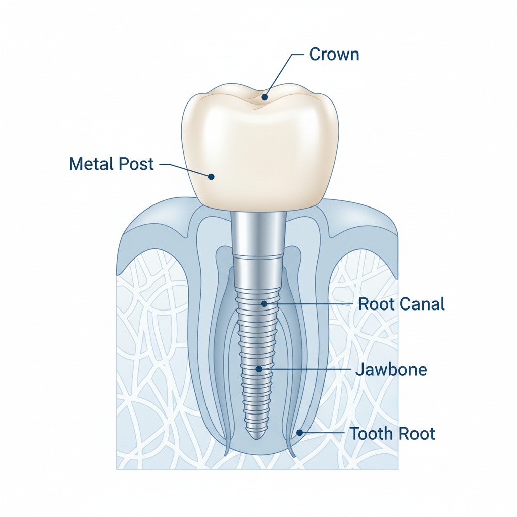 Illustrazione medica di un impianto dentale che mostra corona, perno metallico, canale radicolare, osso mascellare e radice del dente con relative etichette in inglese.