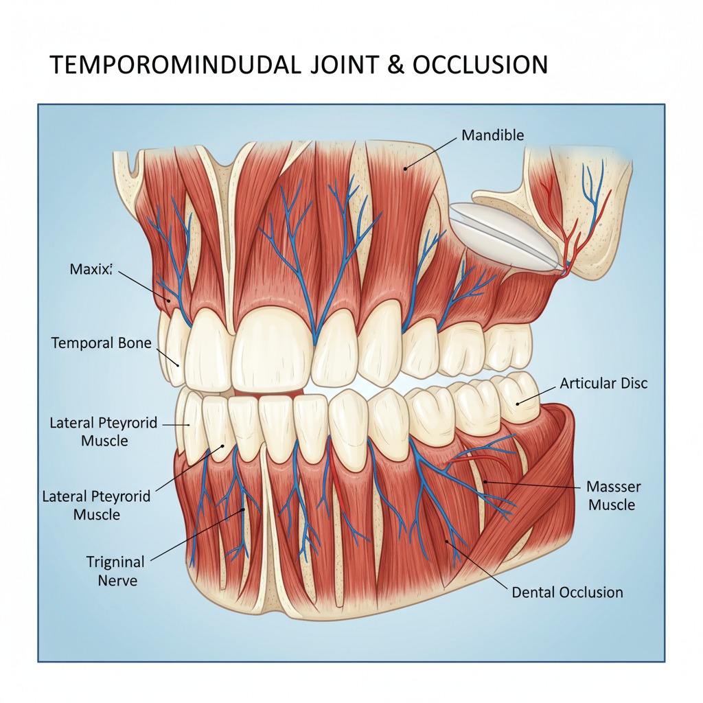 Illustrazione anatomica dell'articolazione temporomandibolare e dell'occlusione dentale, con etichette descrittive in inglese per muscoli, ossa e nervi.