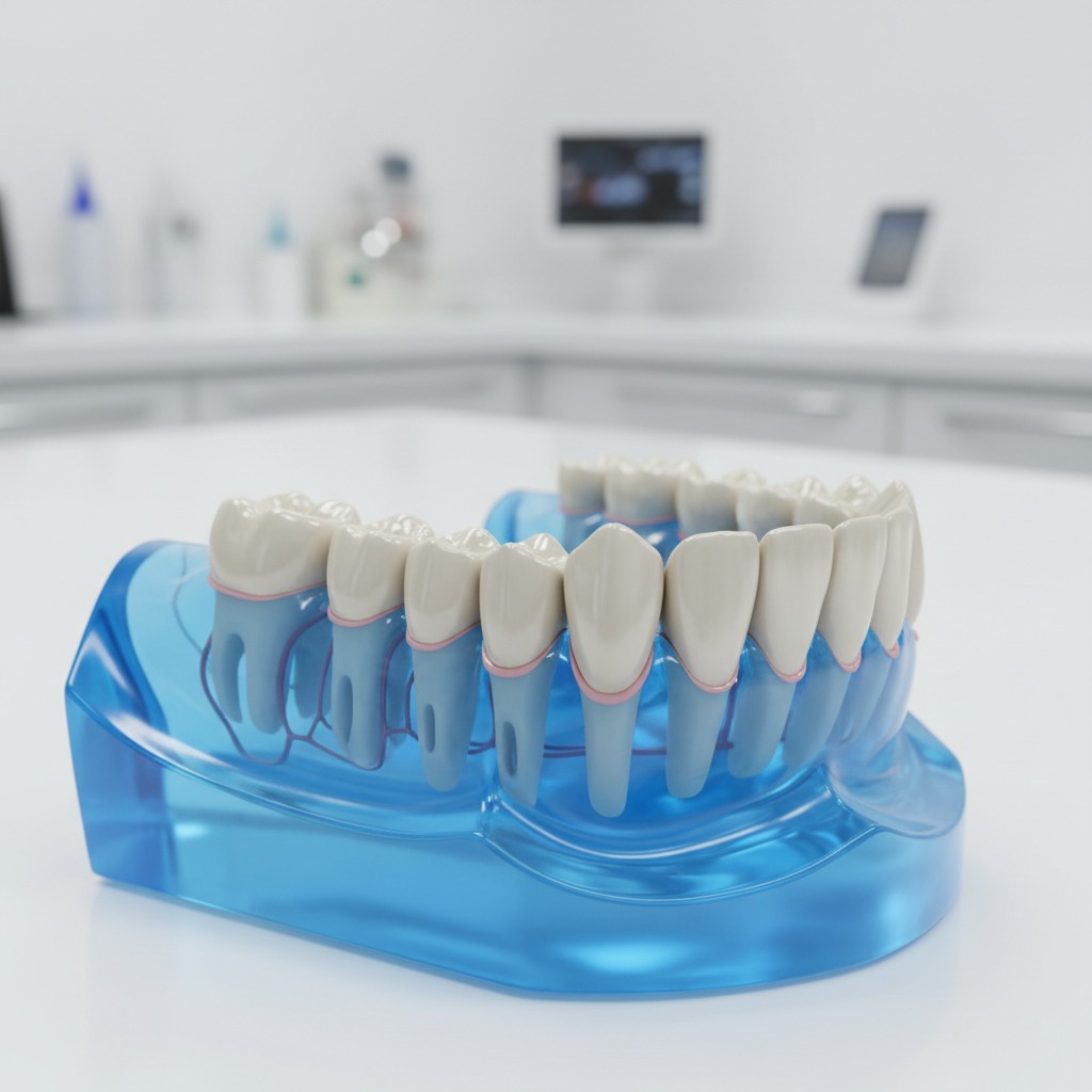 Modello anatomico di un'arcata dentale inferiore in plastica blu e trasparente, posizionato su una superficie bianca in uno studio dentistico.