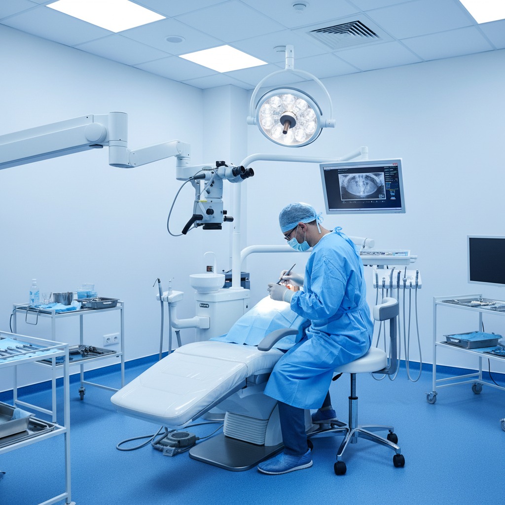 Un chirurgo dentale con camice blu e cuffia lavora su un paziente sdraiato su una poltrona in una moderna sala operatoria.