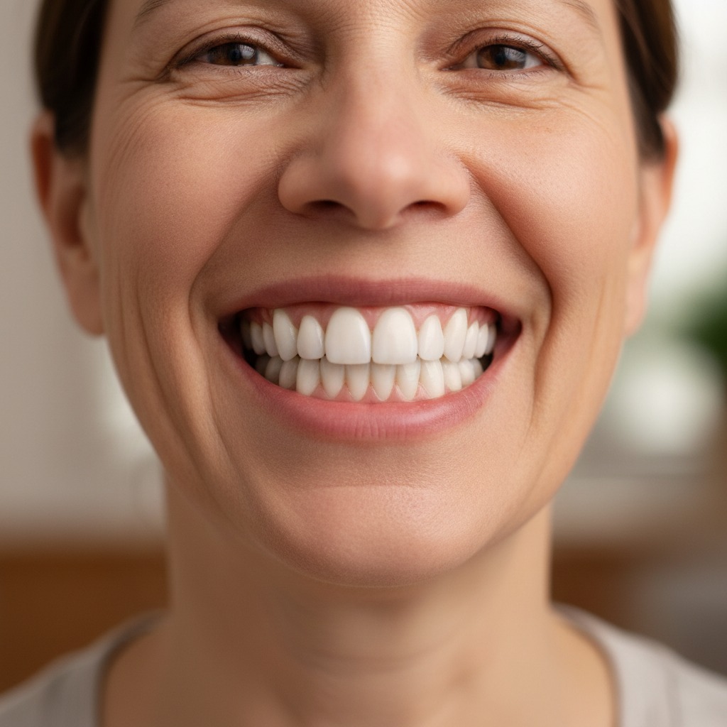 Primo piano di una donna sorridente che mostra denti bianchi e curati.