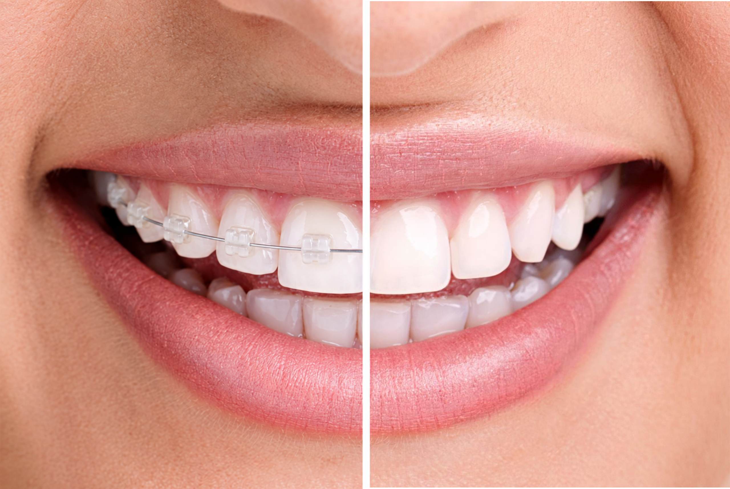 Primo piano del sorriso di una persona che mostra denti bianchi e curati con un apparecchio ortodontico mobile.